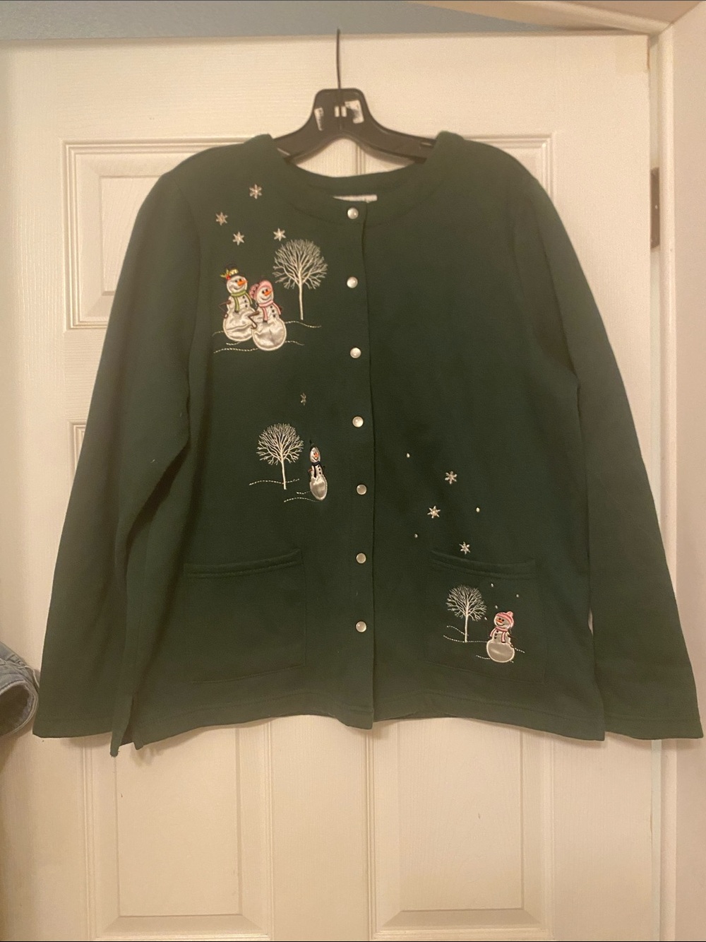 breckenridge Dark Green Embroidered Snowman Button-Front Jacket